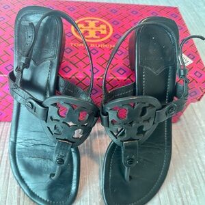 Tory Burch Logo Leather Strappy Low Heel Sandal